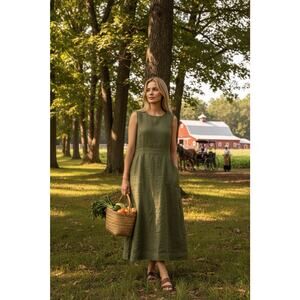Things of Substance Green Linen 8 Pocket Sleeveless Dress Casual Resortwear